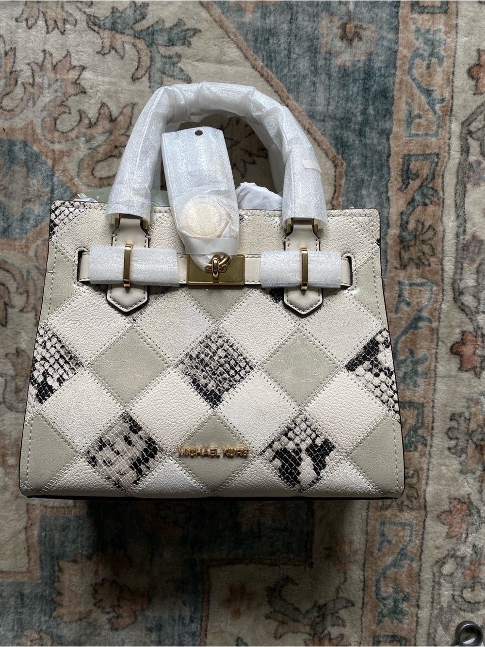 MICHAEL KORS Hamilton Small Satchel with Patchwork and Snake Embossed